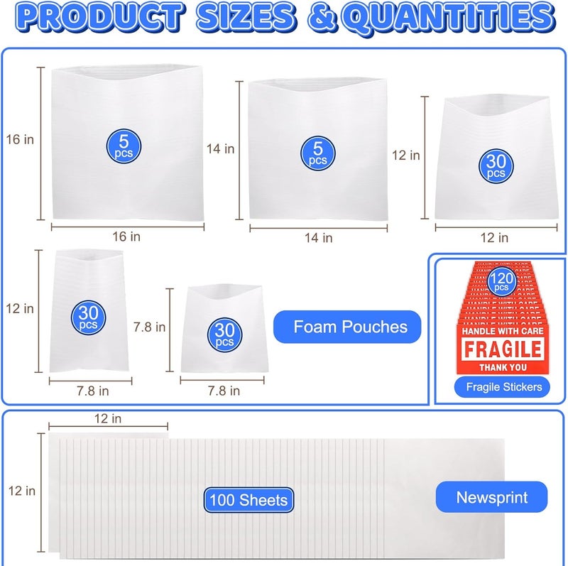 VIOBEPASS 320 Pcs Foam Pouches & Packing Paper for Moving Supplies, 5 Sizes Packing Foam Pouches, Newsprint Paper with Fragile Stickers for Protecting Dishes Cup China (16X16", 14X14",12X12", 7.8X12", 7.8X7.8") - Image 2